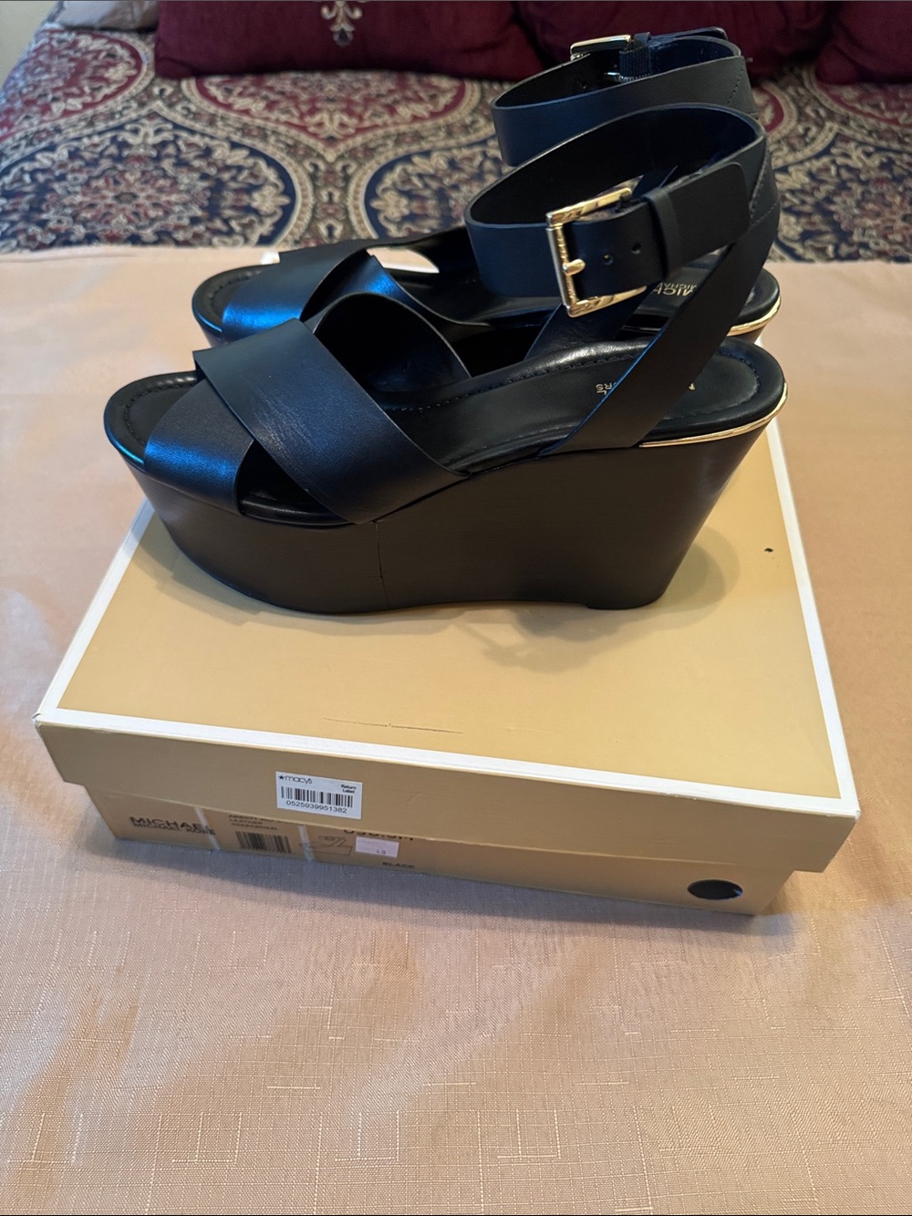 Michael Kors Black Leather Platform Wedge Sandals with Gold Buckle - Picture 2 of 7
